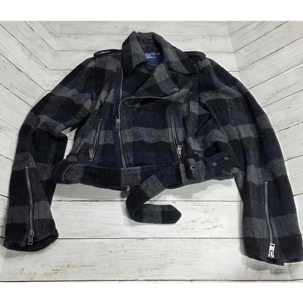 Vintage American Eagle Women's Plaid Wool Blend Moto Jacket with Belt - Sz Large